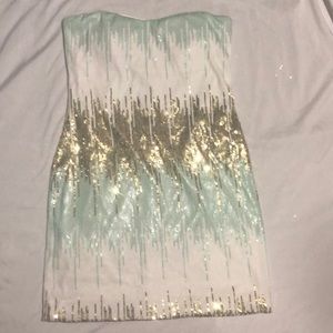 Sequins dress. Gold, white, and mint blue